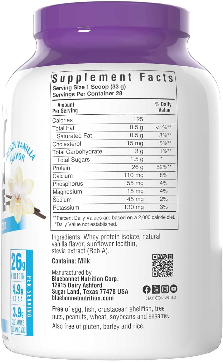 Bluebonnet Nutrition Blue Bonnet Whey Protein Isolate Dietary Supplement Powder, Orginal 2.2LB