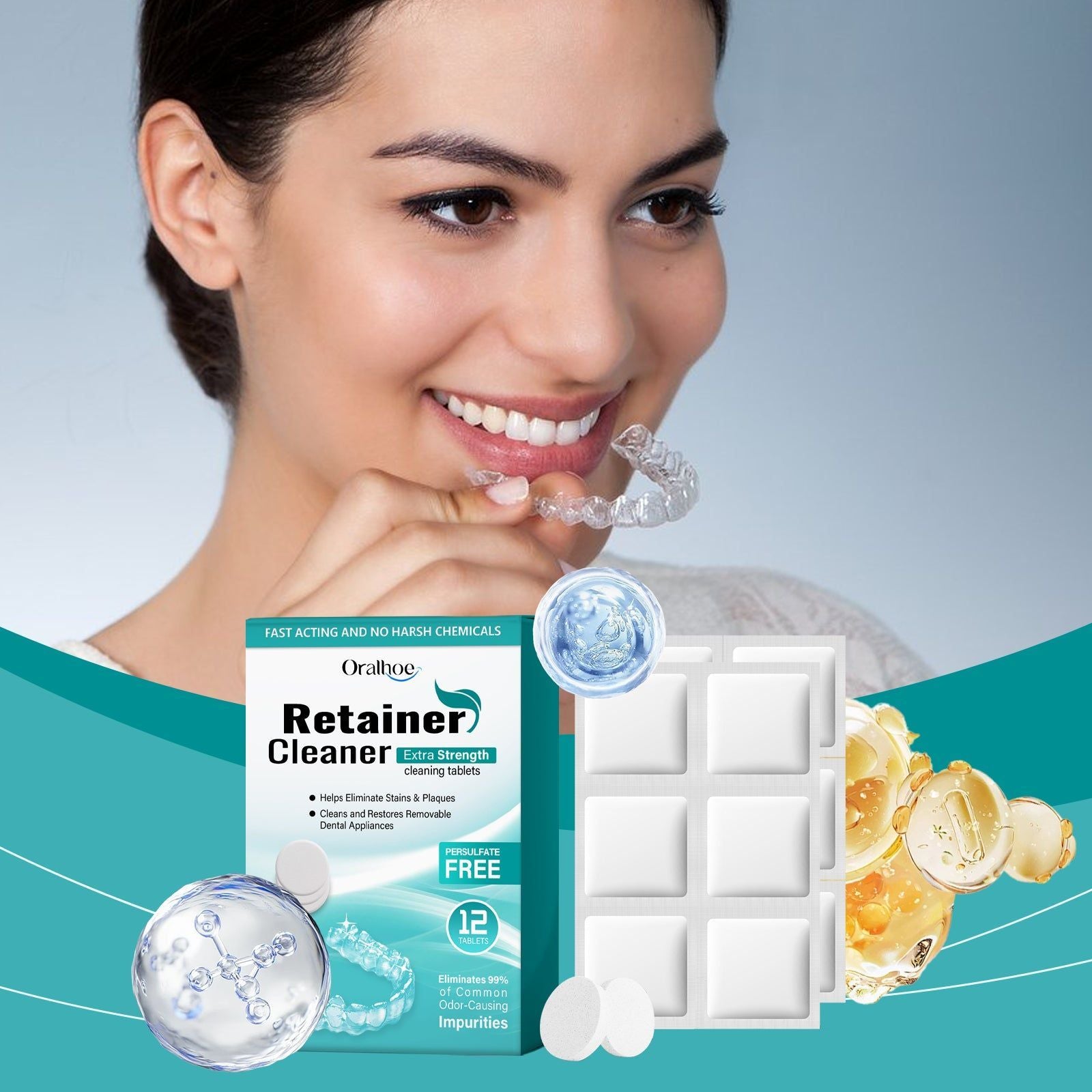 Denture Cleaning Tablets, Fresh Breath, Tartar & Stain Removal, Easy & Effective ,12tablets