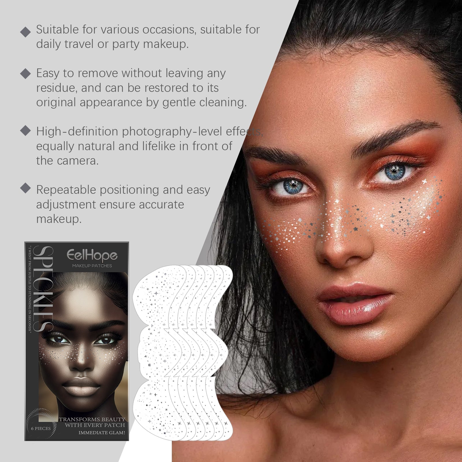 Cosmetic Patch Glitter Freckle Tattoo Stickers, Waterproof Long-Lasting Contouring ,6pieces