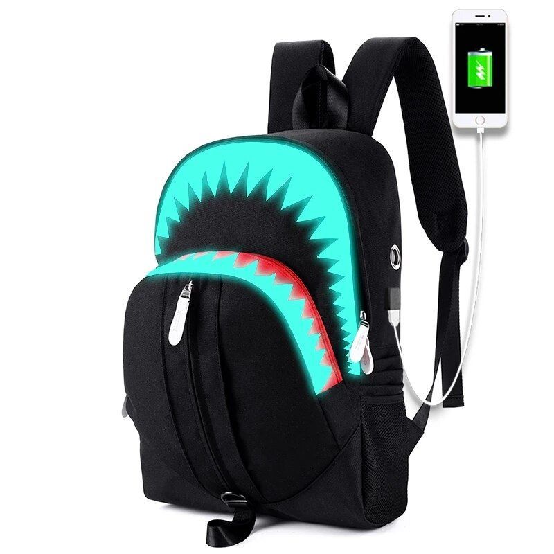 Luminous Backpack Shark Laptop Backpack Usb Charging School Bag Waterproof Travel Bag