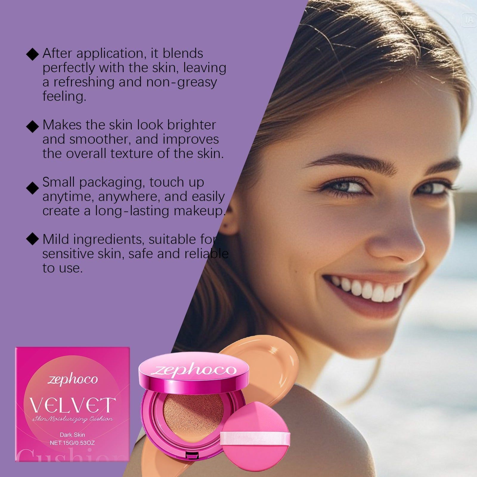 Dark-Toned Velvet Moisturizing Cushion, Flawless Concealer, Long-Lasting Fit ,15g