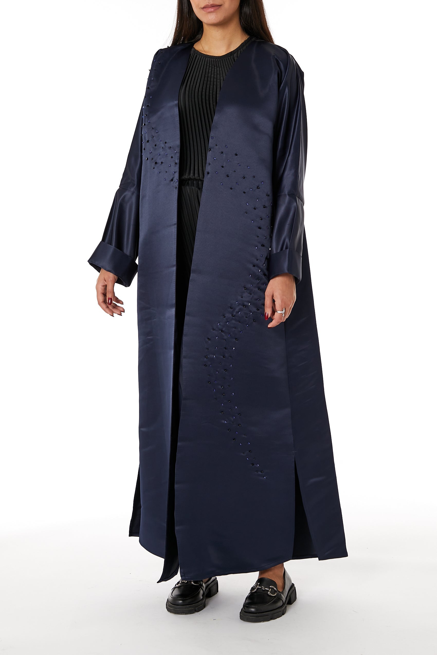 MOiSTREET Navy Bridal Satin Embellished Open Abaya