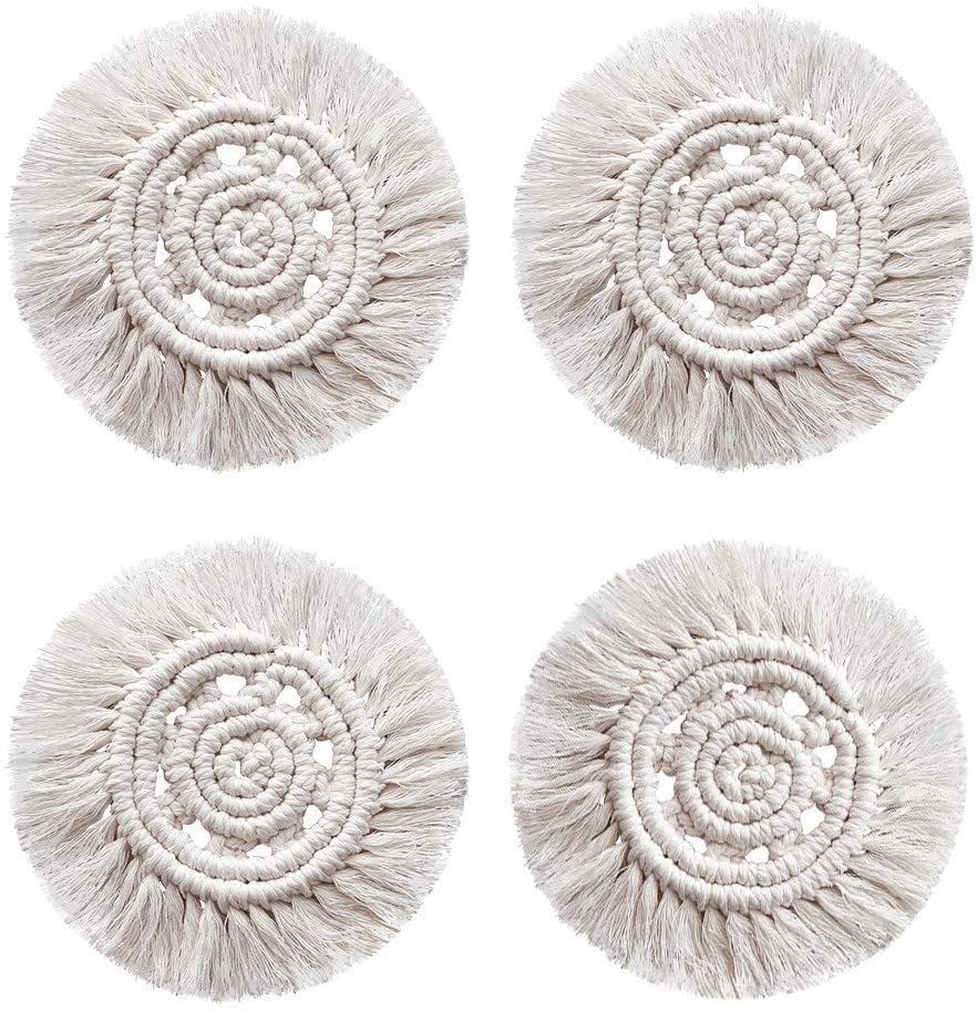 4-Pack Handmade Macrame Coasters Round Drinks Cotton Boho Woven Coaster Set
