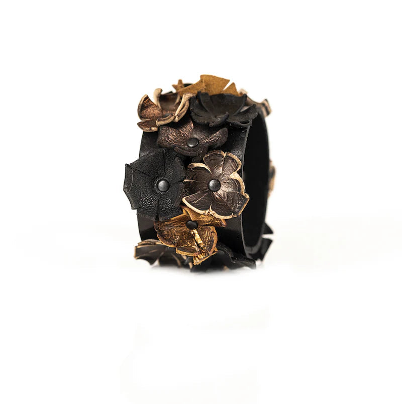 The Dark Black & Bronze Leather Floral Statement Cuff