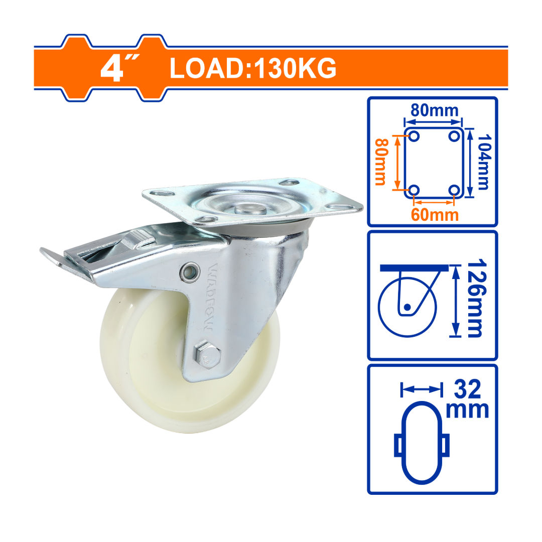 WADFOW 4" Swivel Caster With Brakes, 130kg Load