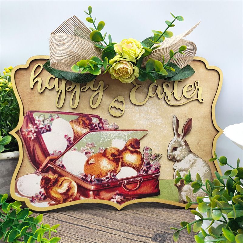 Easter Bunny Door Sign Wooden Decorative Wreath Door Hanging Sign Gifts