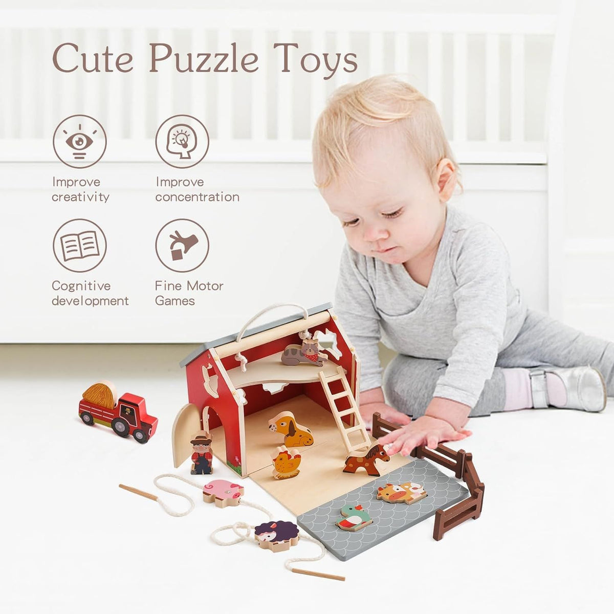 Wooden Farm Toy  Animal Shape Sorting Stacking Toys Early Learning Montessori Toy Gift