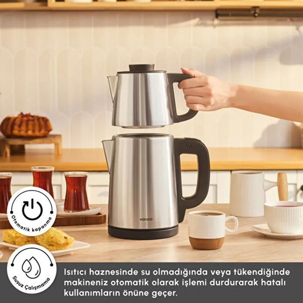 Karaca Tea Break 2-in-1 Electric Tea Maker & Water Kettle, Stainless Steel, Inox & Black
