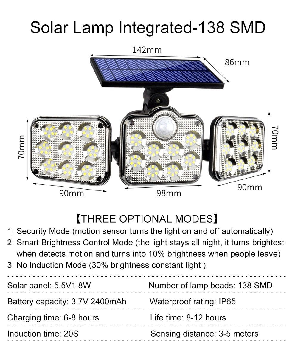 LED Solar Wall Lamp 3 Head Motion Sensor Light With Remote Control For Garden Garage