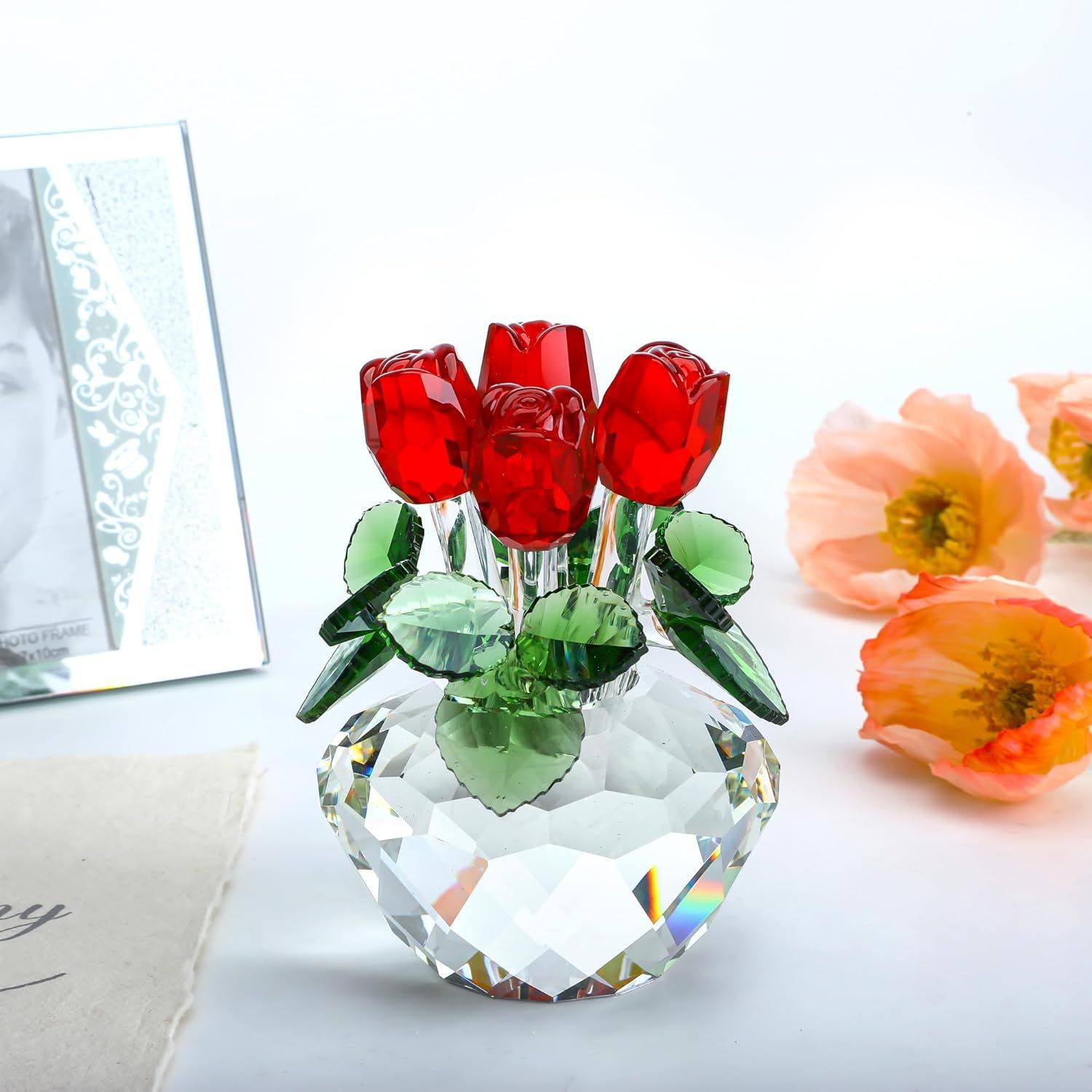 Red Rose Figurine Ornament Spring Bouquet Crystal Glass Car Decoration Valentines Day Gift