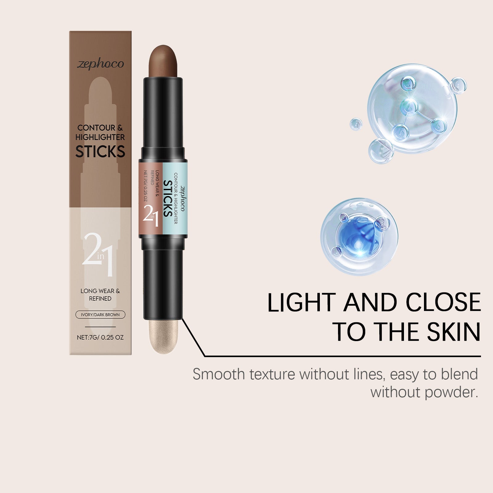2-in-1 Contour Highlight Stick, Natural Makeup, Portable Beauty Collection ,7g