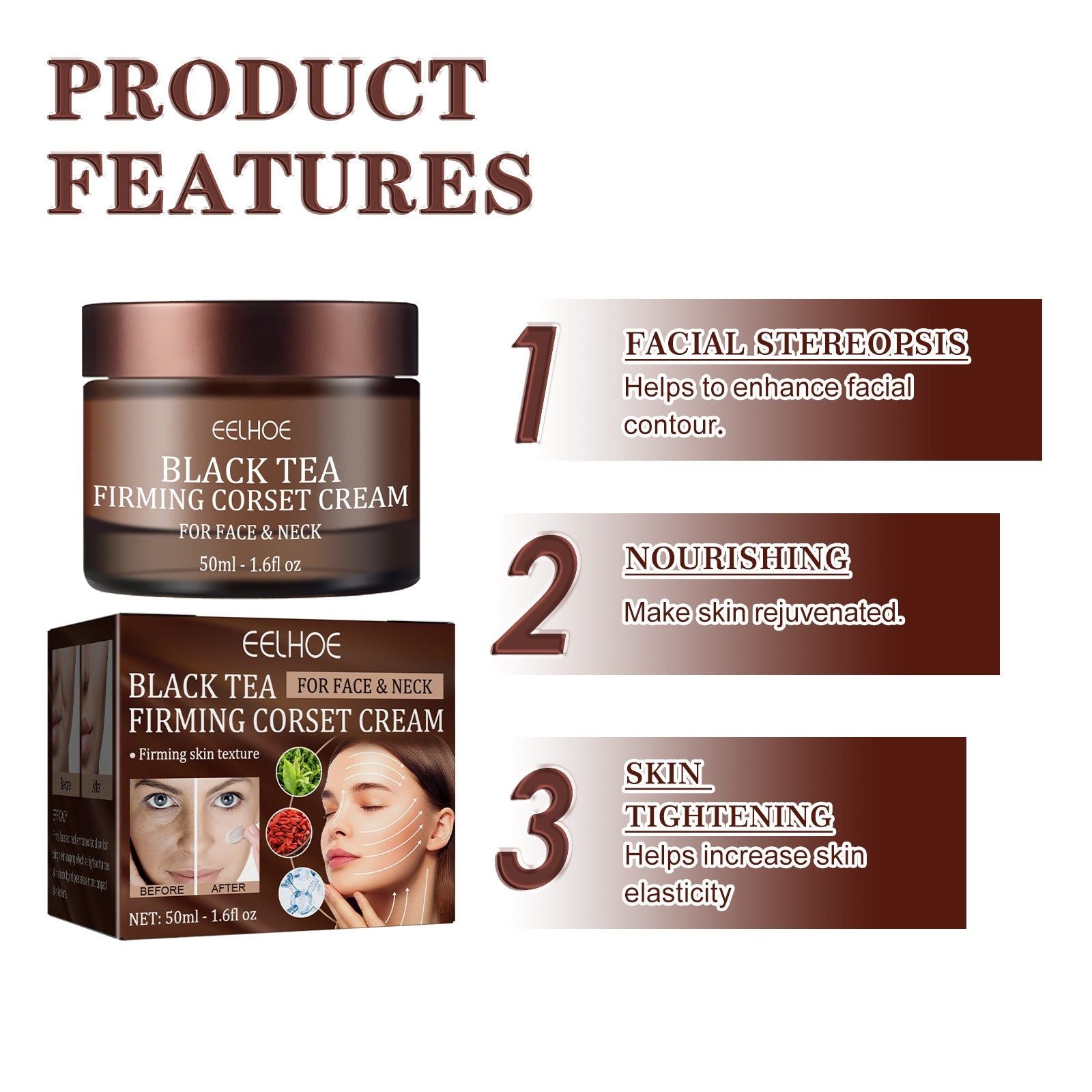 Black Tea Face Cream, Firming Skin, Smoothing Wrinkles, Anti-Aging, Hydrating, Youthful Glow ,50ml