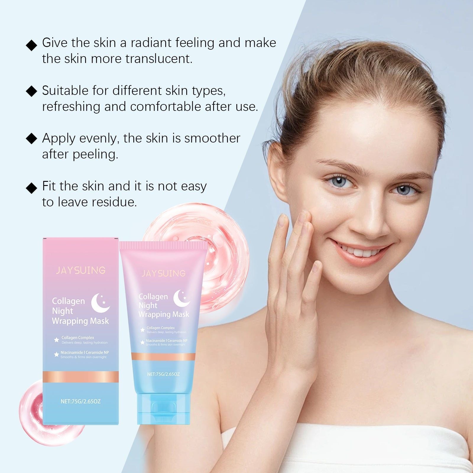 Collagen Night Peel-Off Mask, Facial Care, Hydrating, Firming, Exfoliating, Non-Sticky, Moisturizing ,75g