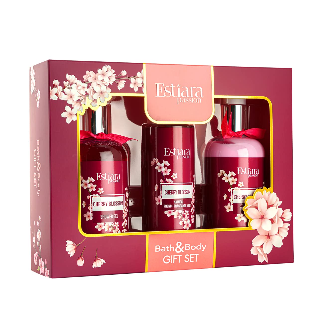 Estiara Passion Cherry Blossom Bath & Body Beauty Skincare Gift Set (Body Lotion 350ml + Shower Gel 350ml + Fragrance Mist 250ml)