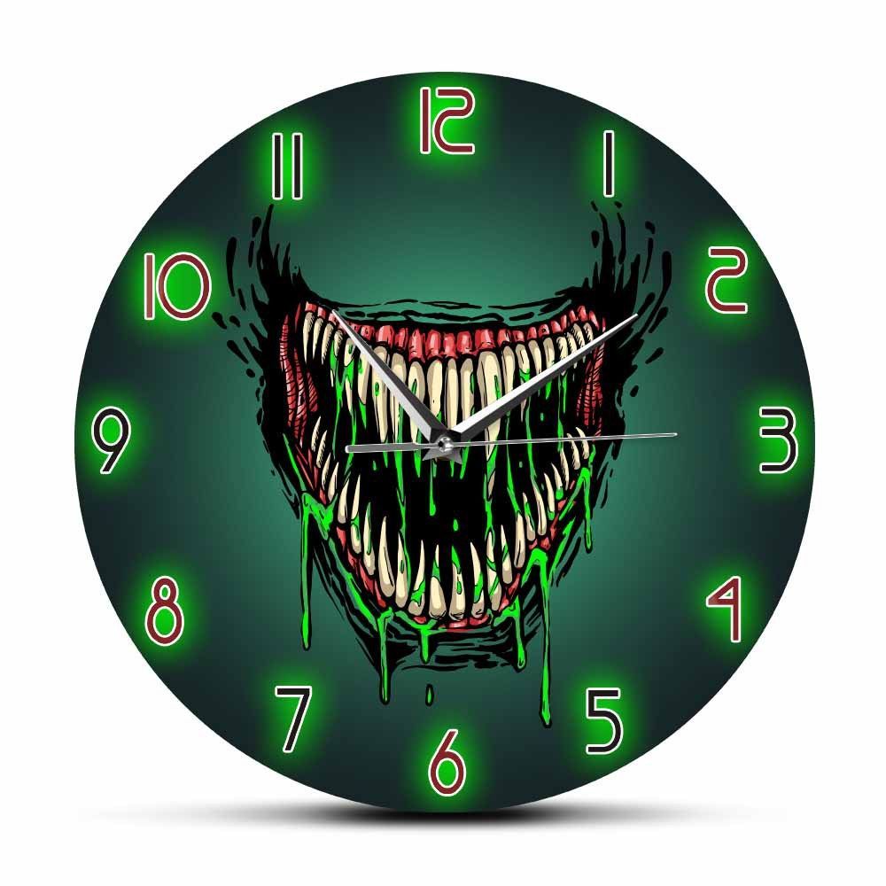 12 Inch Acrylic Horror Wall Clock Scary Monster Mouth Dark Green Room Art
