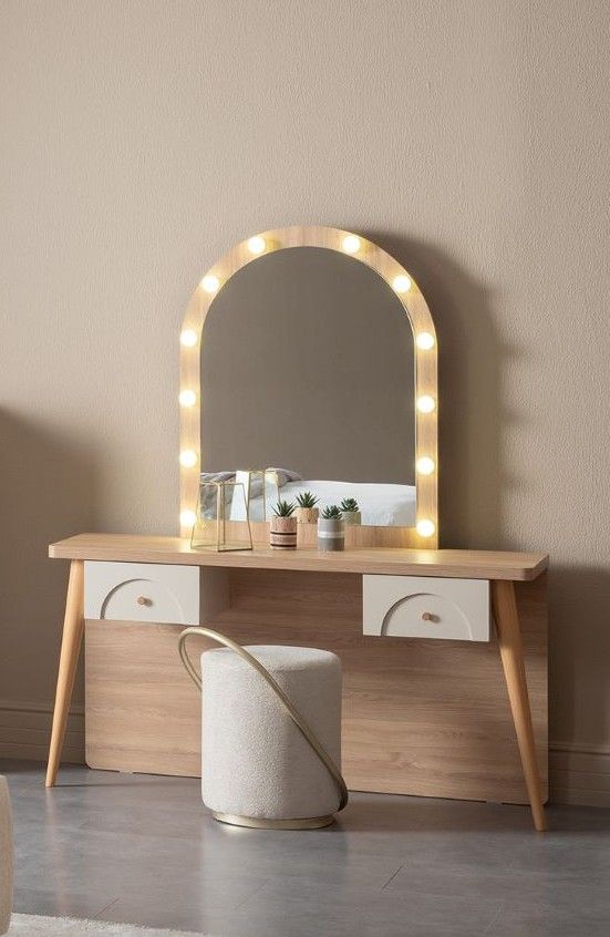 Milos Modern Light Wood Vanity Set with LED Mirror &amp; Pouf