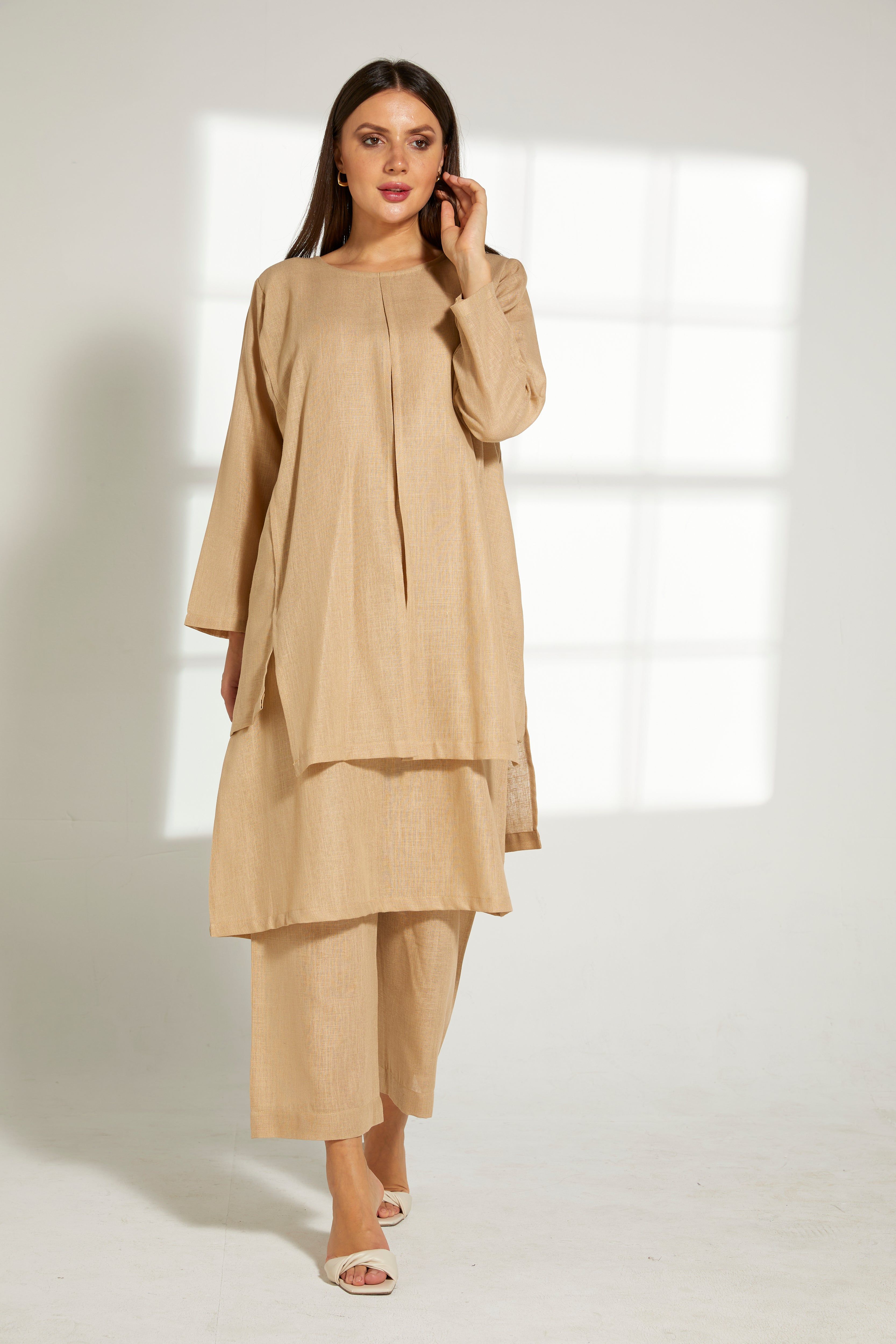 MOiSTREET Tan Linen Fabric Top and Pants Set