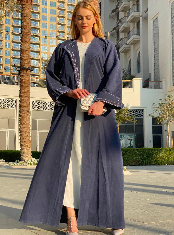 MOiSTREET Blue Shamoua Coat Style Abaya with Thread Handwork