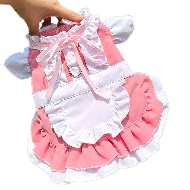 French Maid Pet Costume Dog Cat Lolita Dress Bulldog Bichon Clothing With D-ring