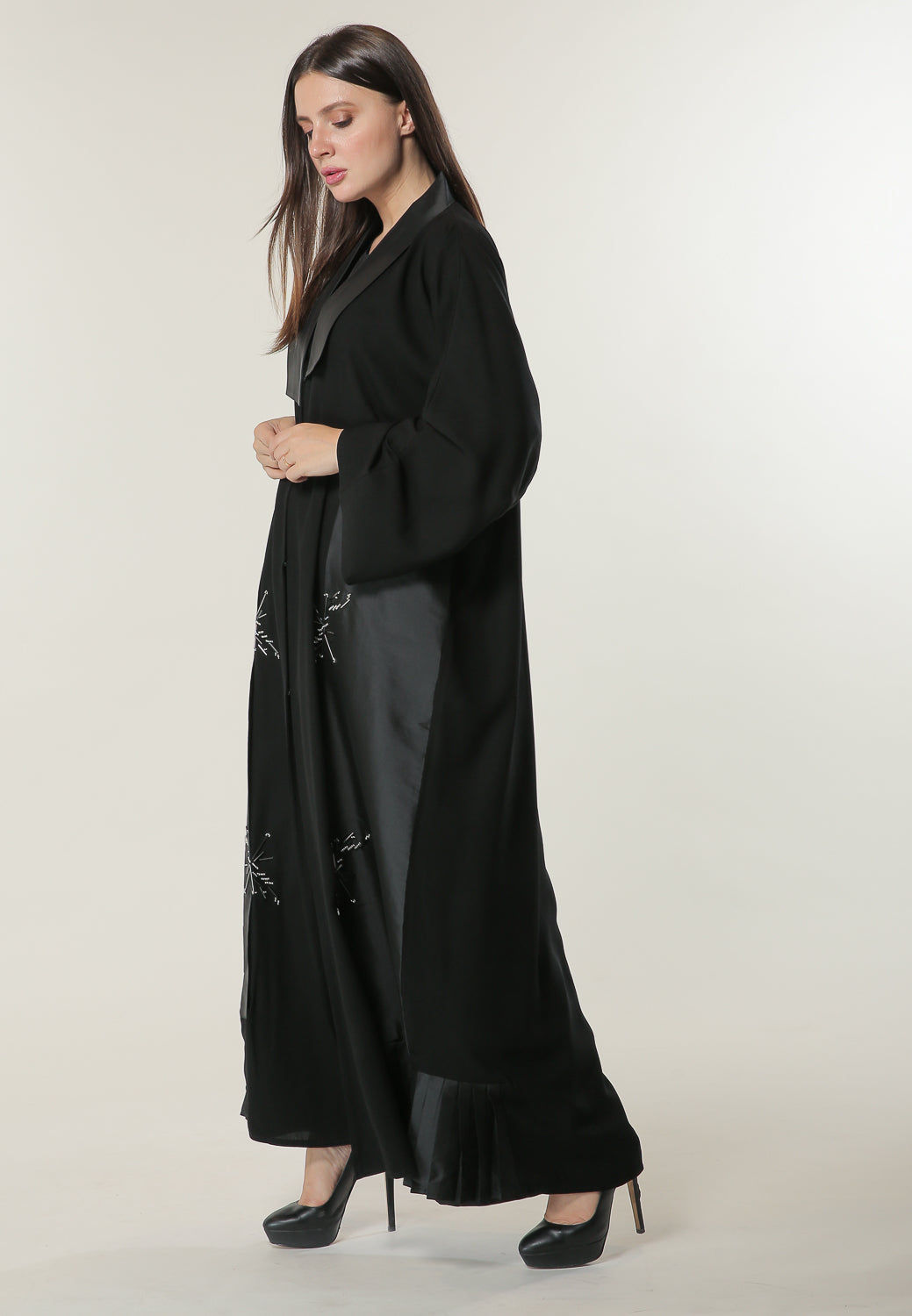 MOiSTREET Black Abaya with handwork and  Pleated Tafta Hem