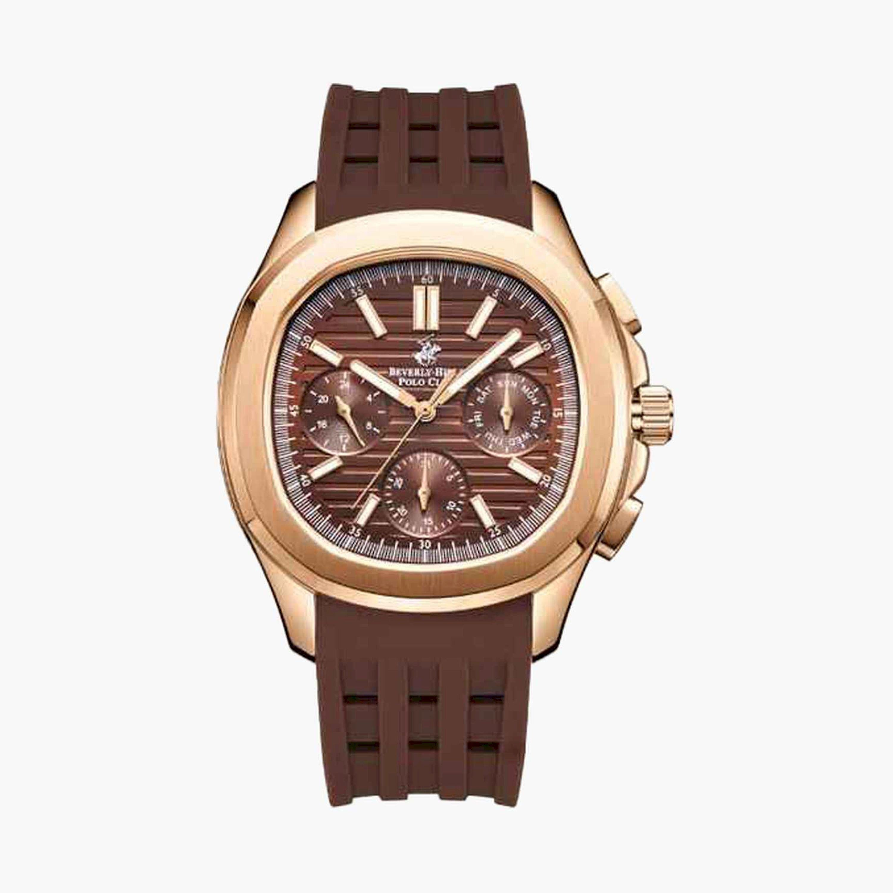 Beverly Hills Polo Club Men’s Analog Watch, Stainless Steel Case, Brown Rubber Strap, 50M Water Resistant, BP3211X.442