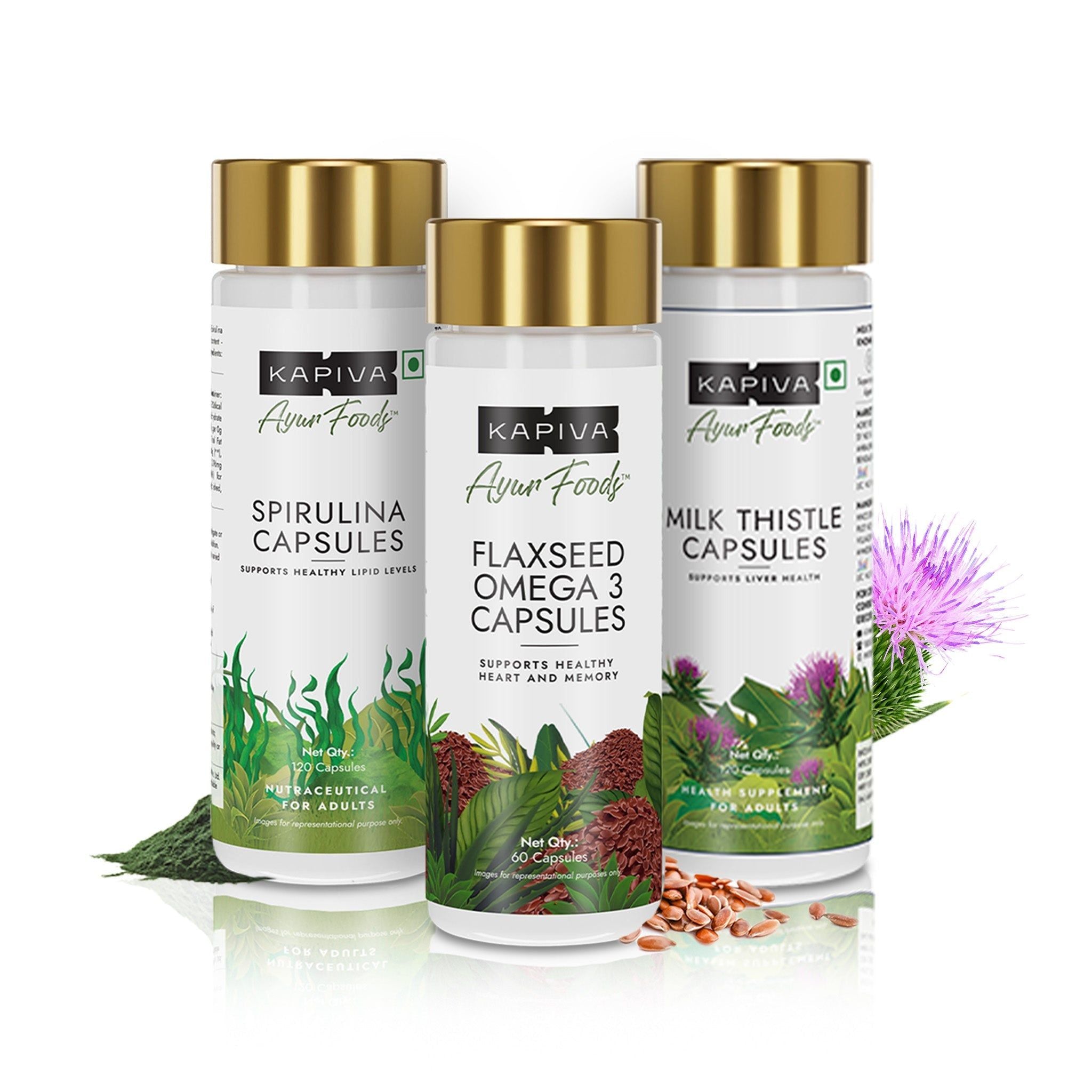 Kapiva Health Essentials Combo (Milk Thistle 120 Capsules + Omega 3 60 Capsules + Spirulina 120 Capsules)