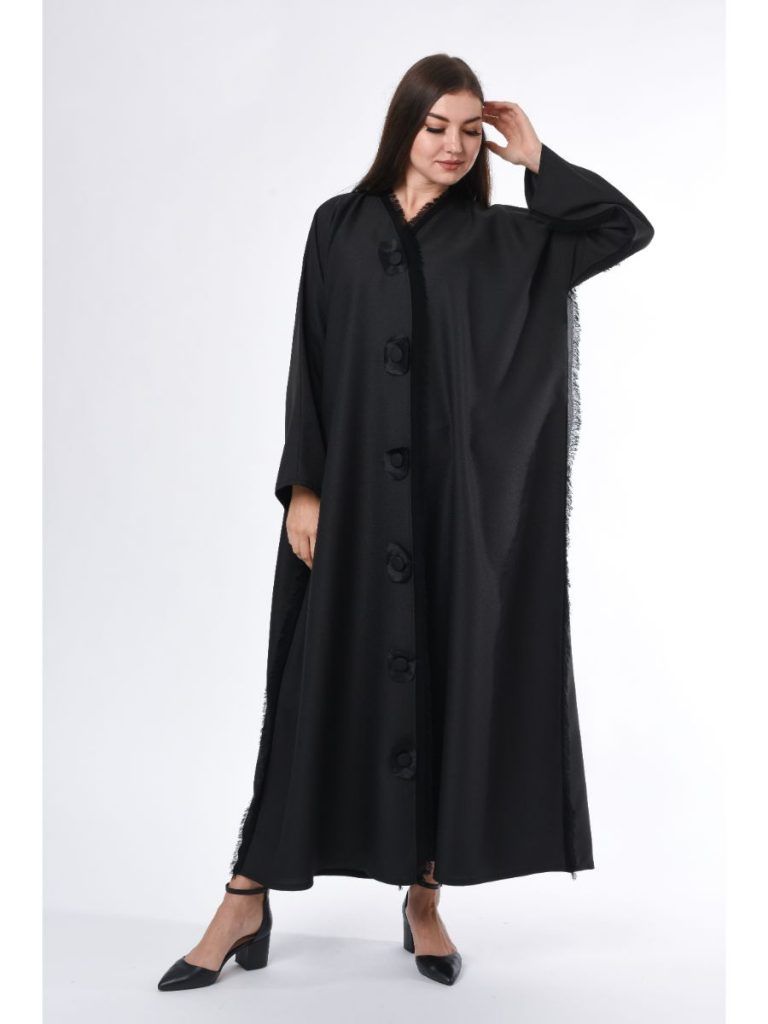 MOiSTREET Black Abaya with Button Highlight and Fringe Detail