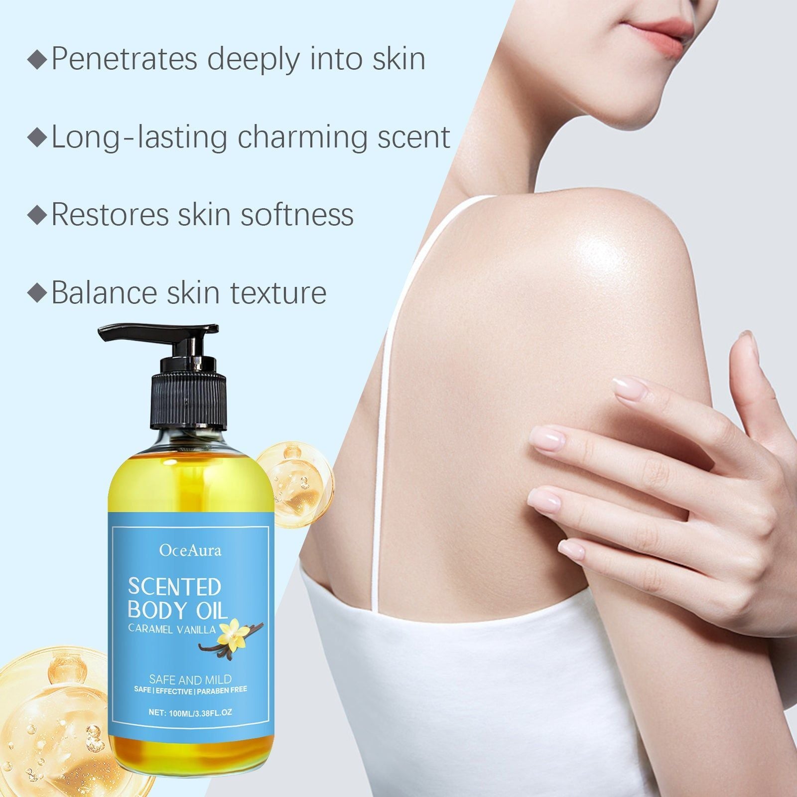 Caramel Vanilla Body Oil, Deep Moisturizing, Nourishing Skin Care, Hydrating Massage Oil ,100ml