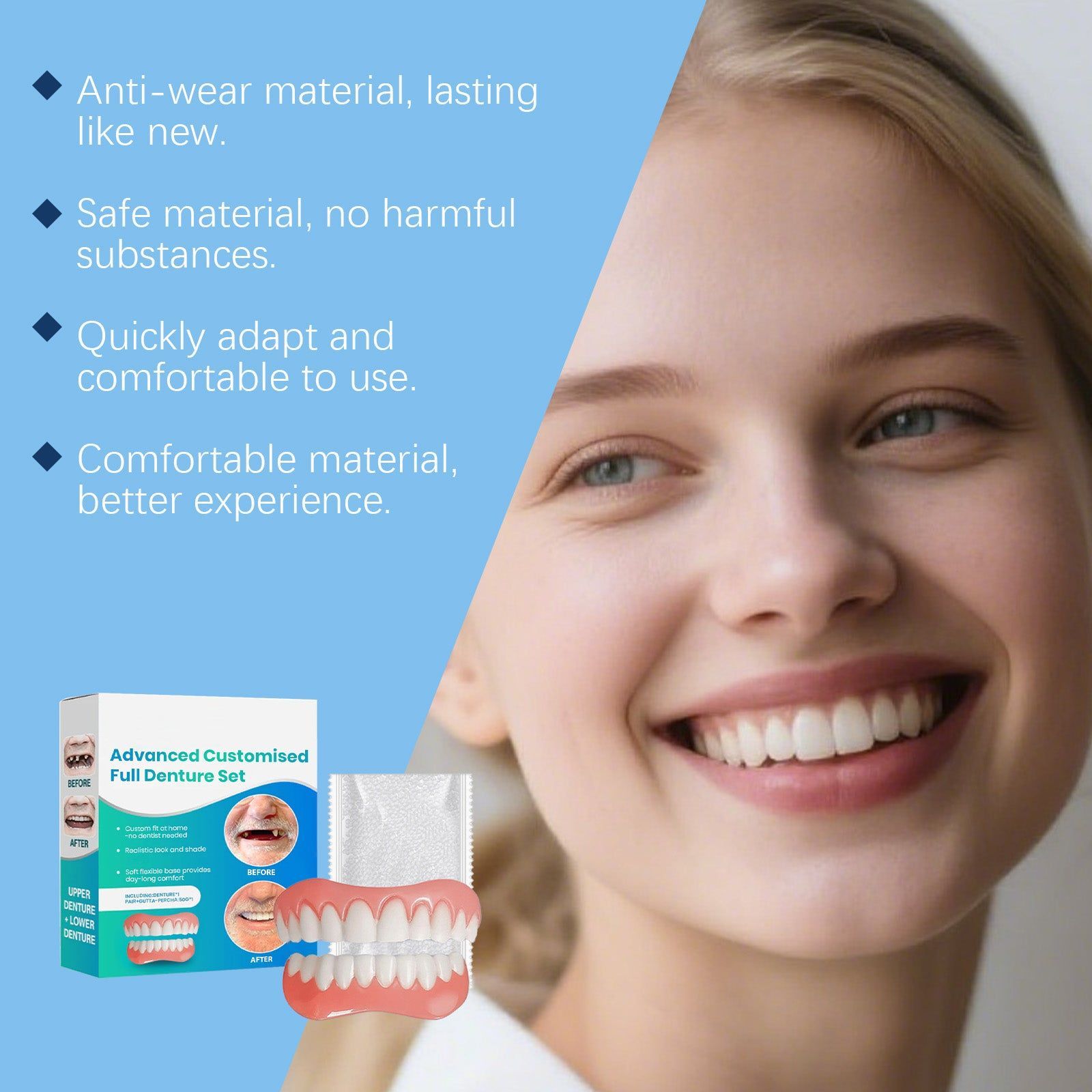 Upgrade Your Smile with Natural Material Dentures, Comfortable, Easy Fit ,1 set