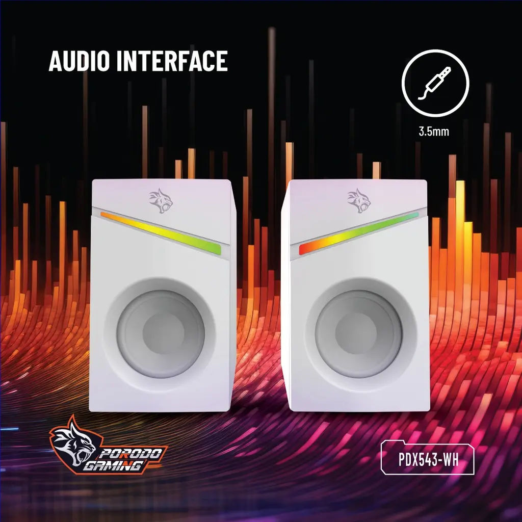 Porodo Gaming Stereo Speakers with Volume Knob, 6W, RGB Lighting, AUX Input, White