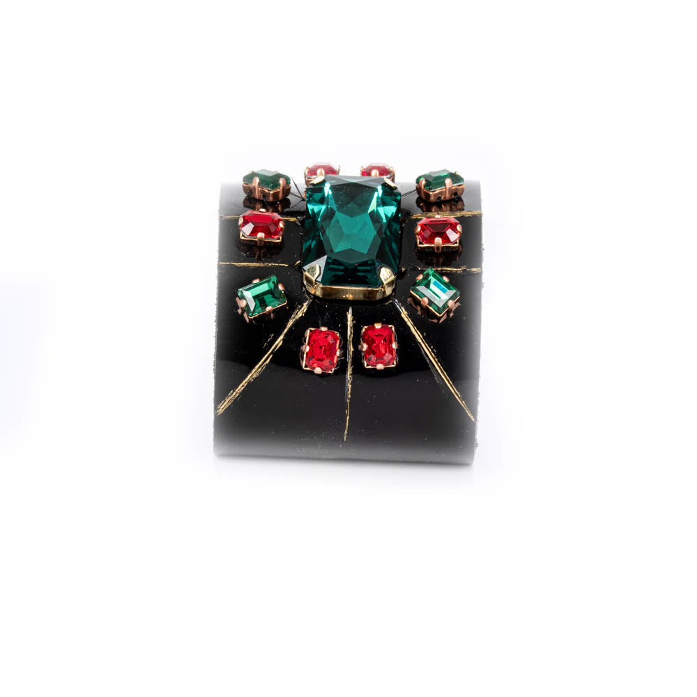 The Dark Black Leather Crystal Cuff Bracelet with Green Center Stone & Red Accents