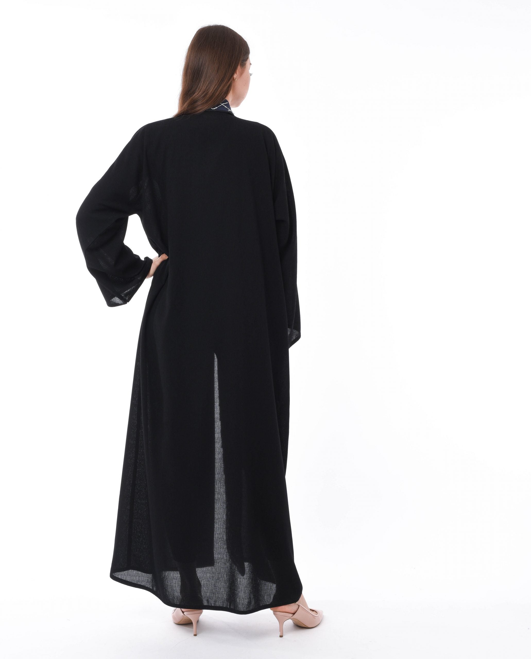 MOiSTREET Black Abaya with Navy Bead work Panel