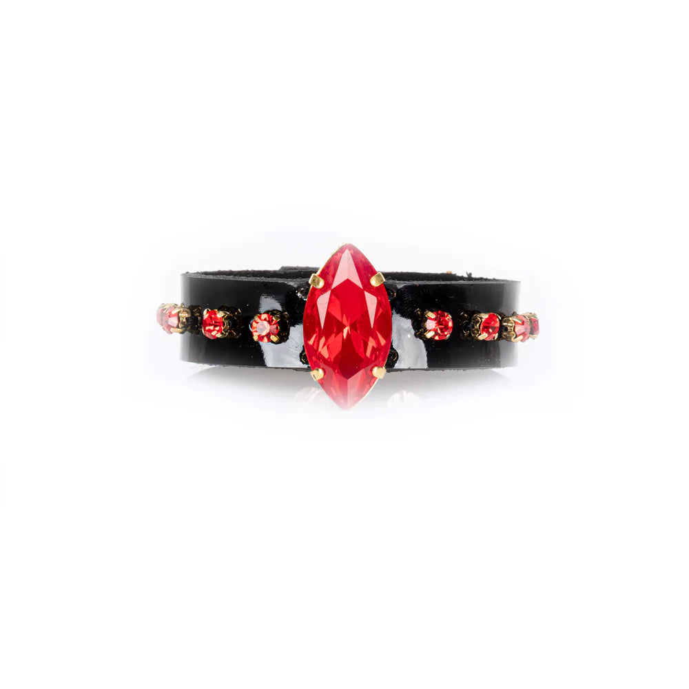 The Dark Black Leather Crystal Cuff Bracelet with Large Red Stone