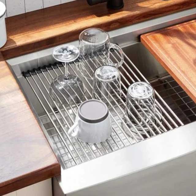 Over The Sink Roll-Up Dish Drying Rack – Multi-Functional Sheet Pan, Bottle Food Drainer, and Sieve Drainer Basket