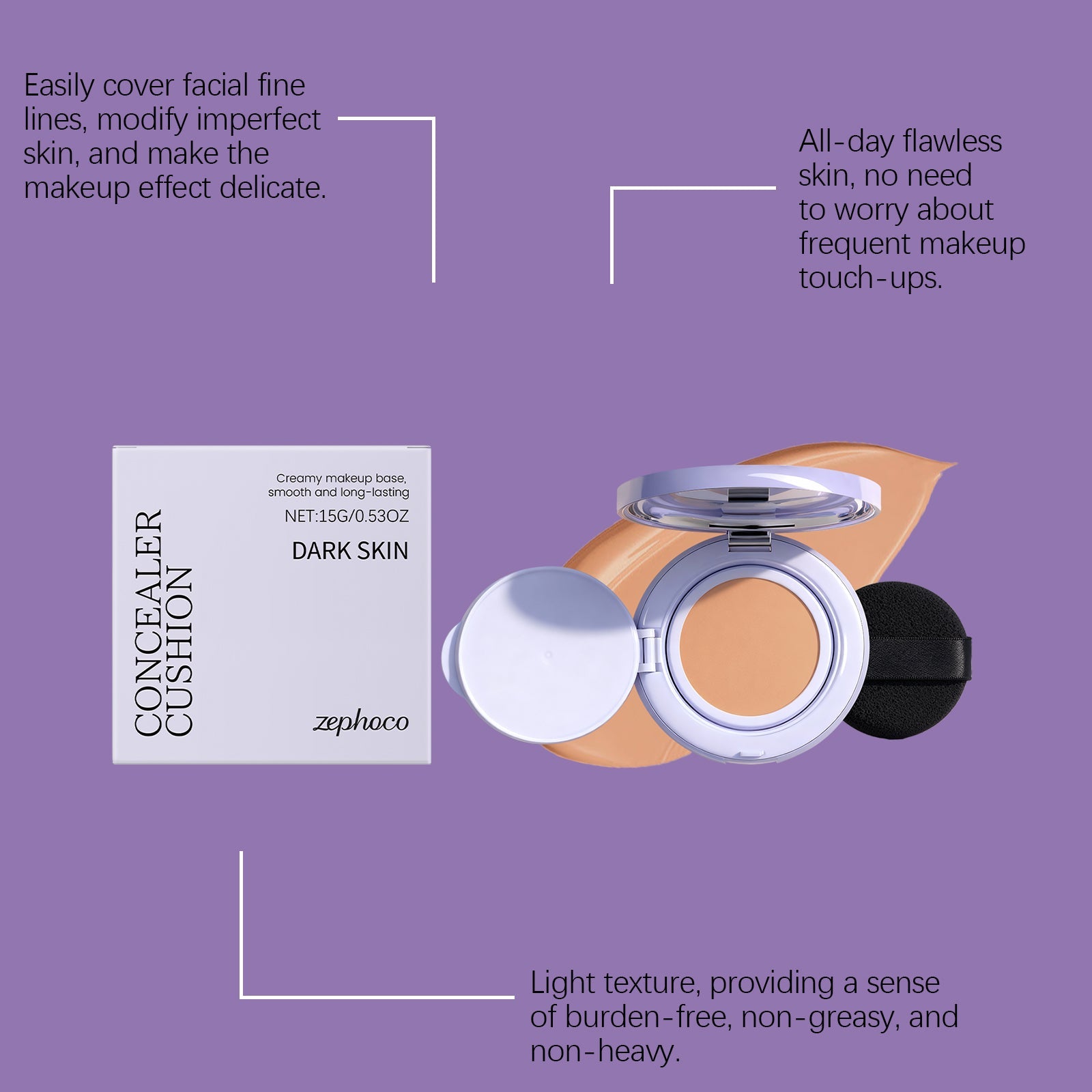 Air Cushion Purple Concealer, Flawless Skin, Blemish Cover, Natural Makeup ,15g