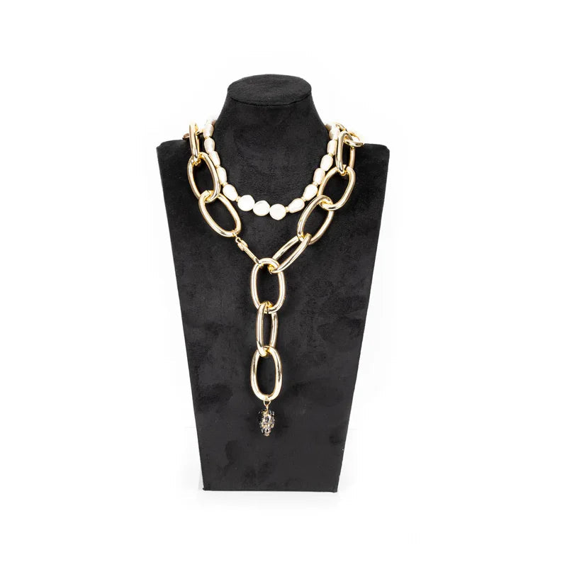 The Dark Gold Chain Necklace with Pearl Accent & Crystal Drop
