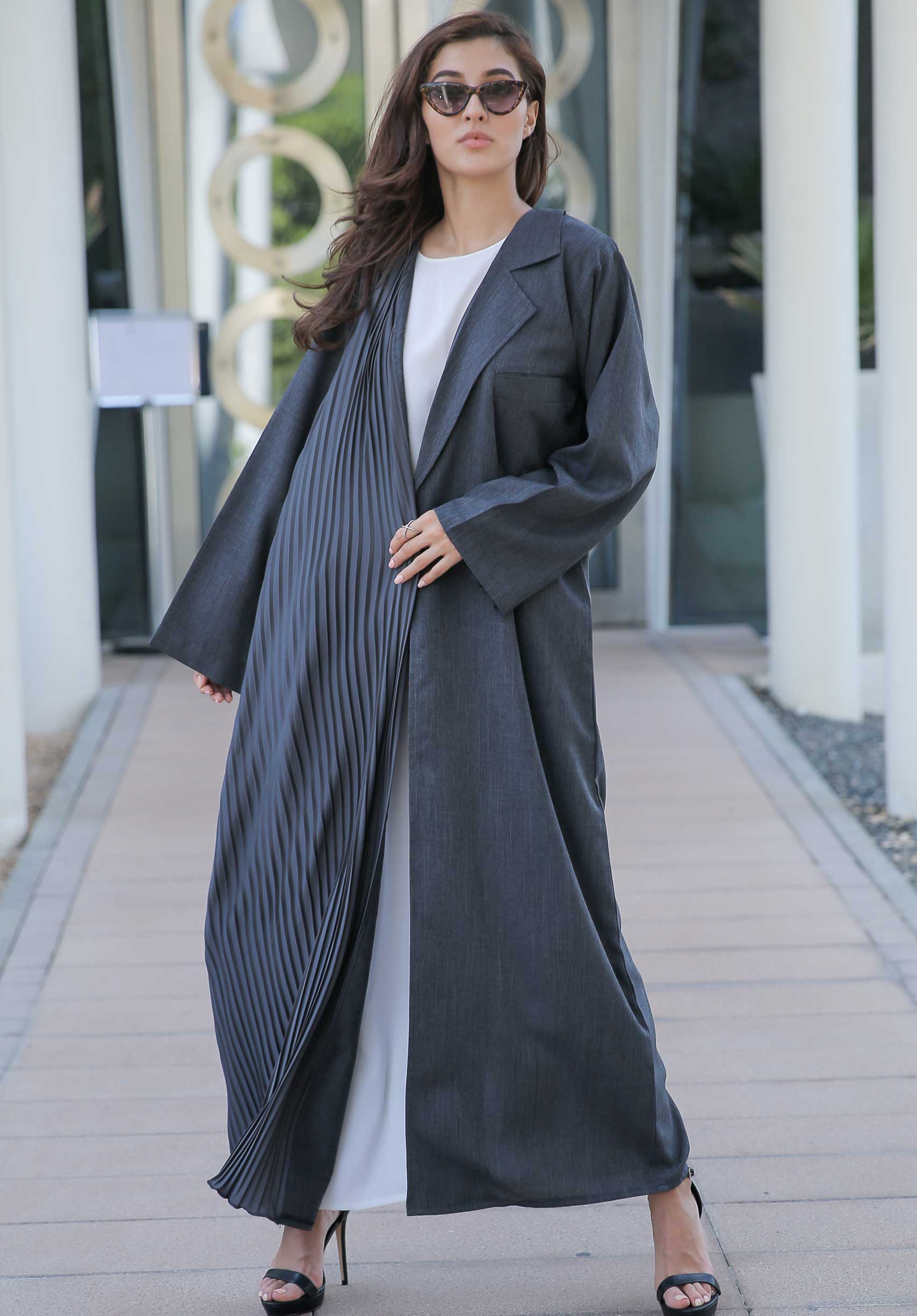 MOiSTREET Grey Abaya with Pleated Hem and Sleeves