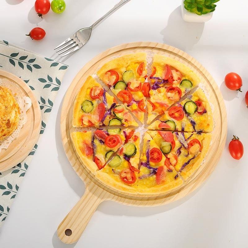 Pizza Tray Wooden Round Pizza Board Cutting Platter Kitchen Baking Tool With Handle