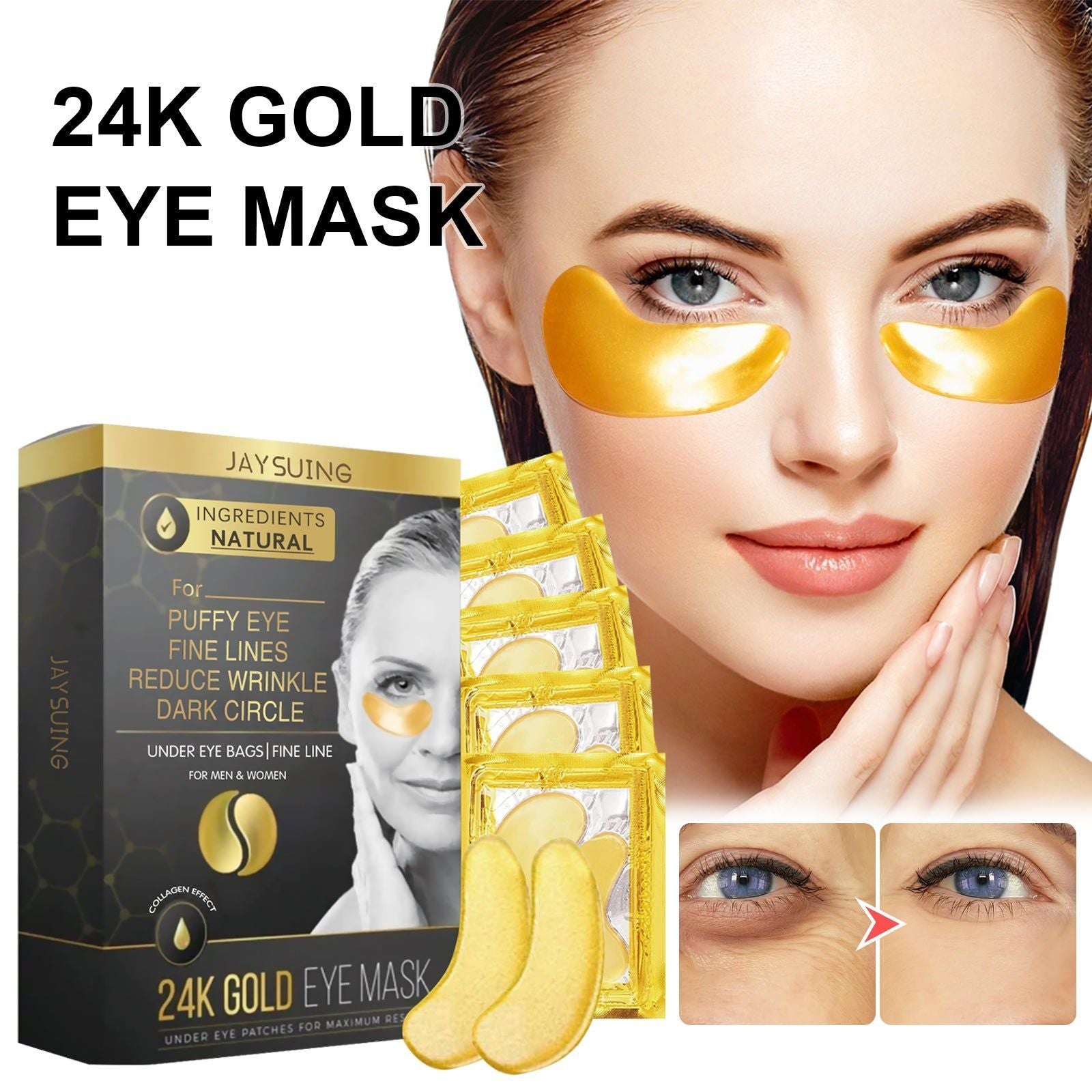 24k Gold Eye Mask, Lighten Fine Lines, Tighten Skin, Dark Circles, Anti-Aging, Moisturizing ,5pairs