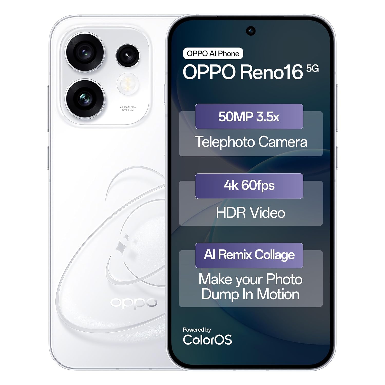 OPPO Reno16 5G Smartphone, 12GB RAM, 256GB Storage, 3D Design, 50MP 3.5X Telephoto Camera, 4K 60fps HDR Video, AI Remix Collage