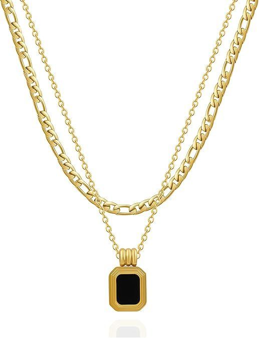 Women Layered Choker Necklace Chain Jewelry With Square Pendant