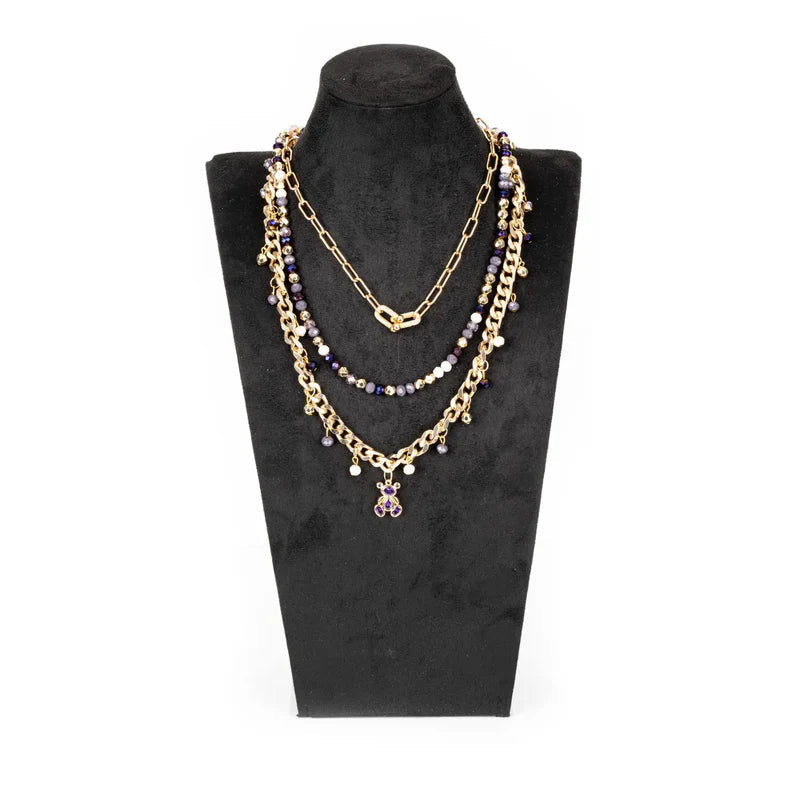 The Dark Layered Gold Chain Necklace with Purple Crystal Bear Charm