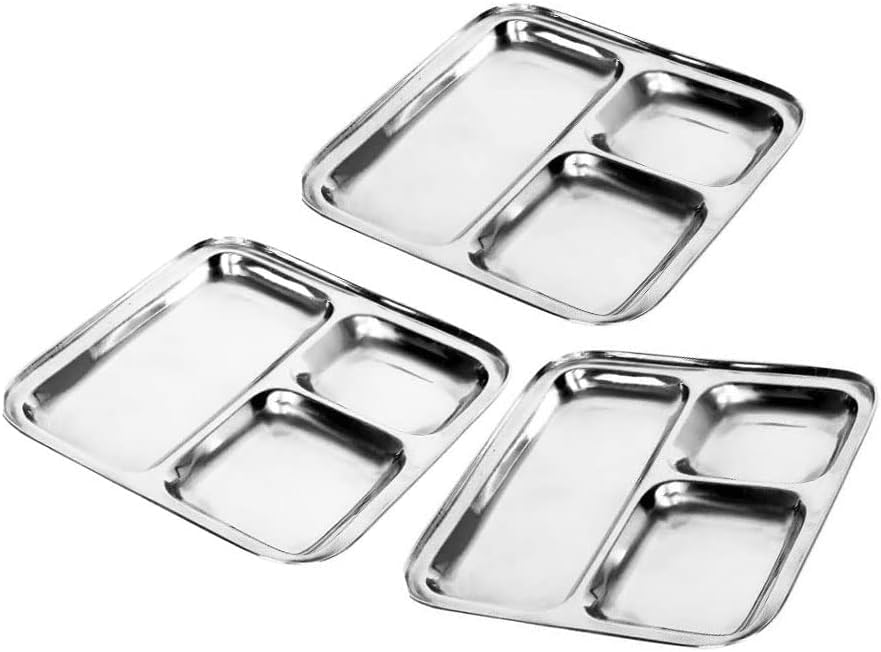 Set of 3 Stainless Steel Square Compartment Dinner Plates