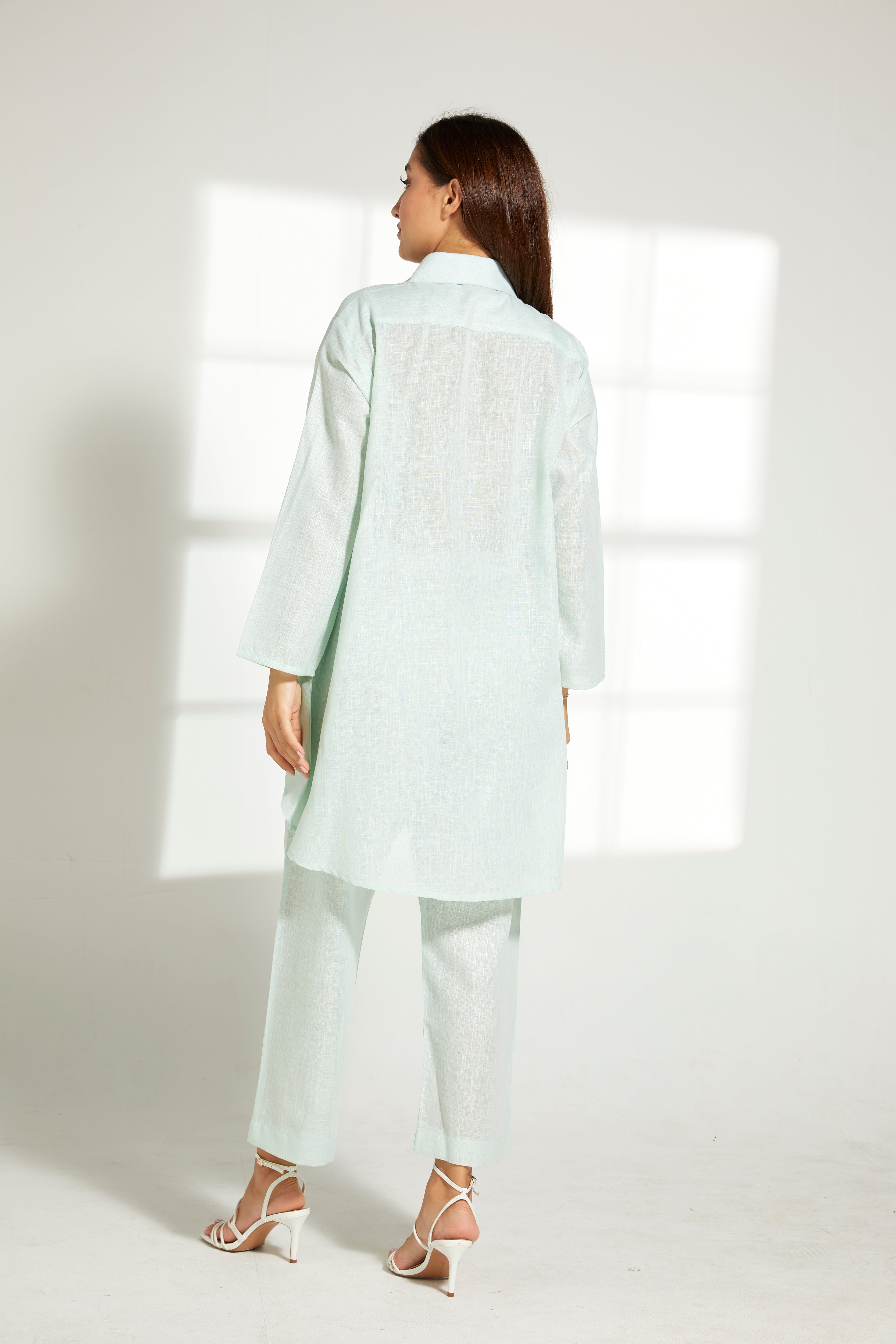 MOiSTREET Sea Green Linen Fabric Top and Pants Set