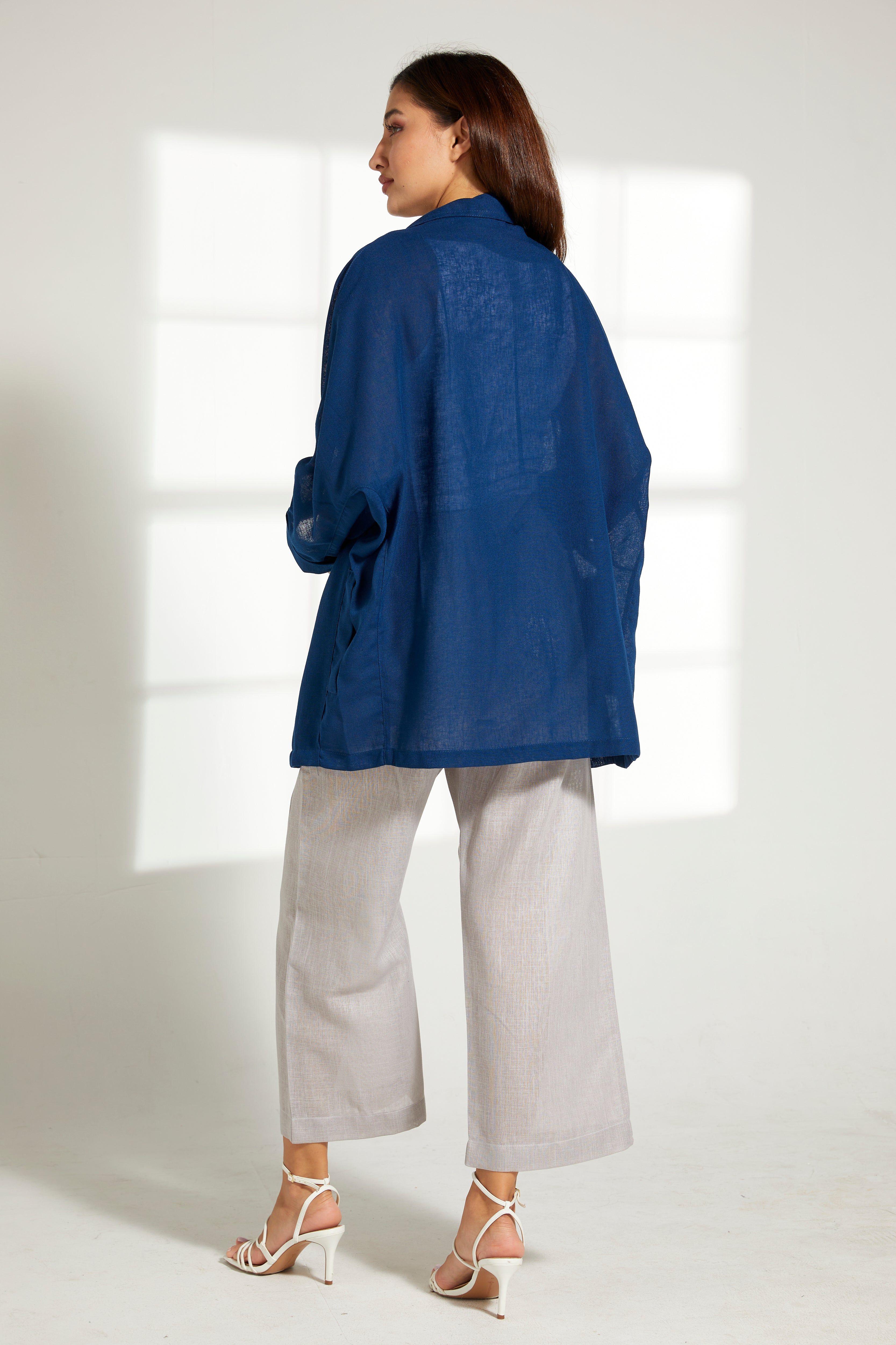 MOiSTREET Blue Linen Top and Grey Pants Set