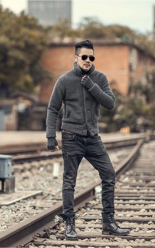 Men Winter Furry Jacket Warm Short Slim Cardigan Casual Thick Coat With Pocket