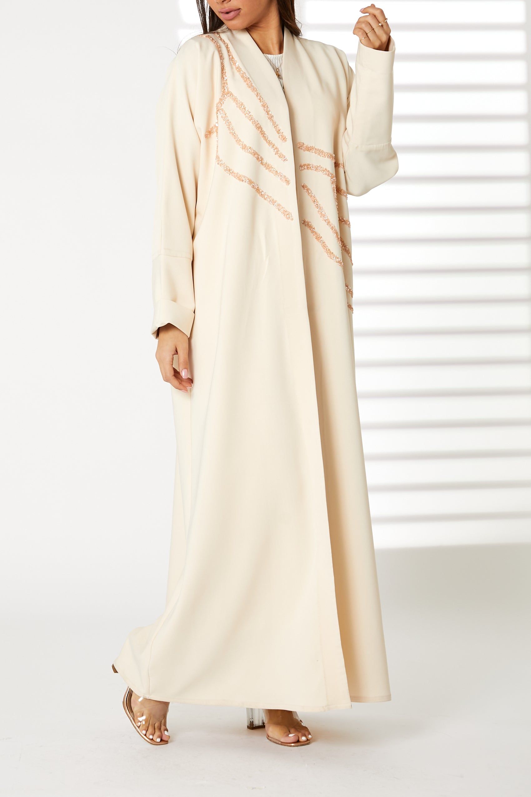 MOiSTREET Peach Bridal Satin Embroidered Abaya