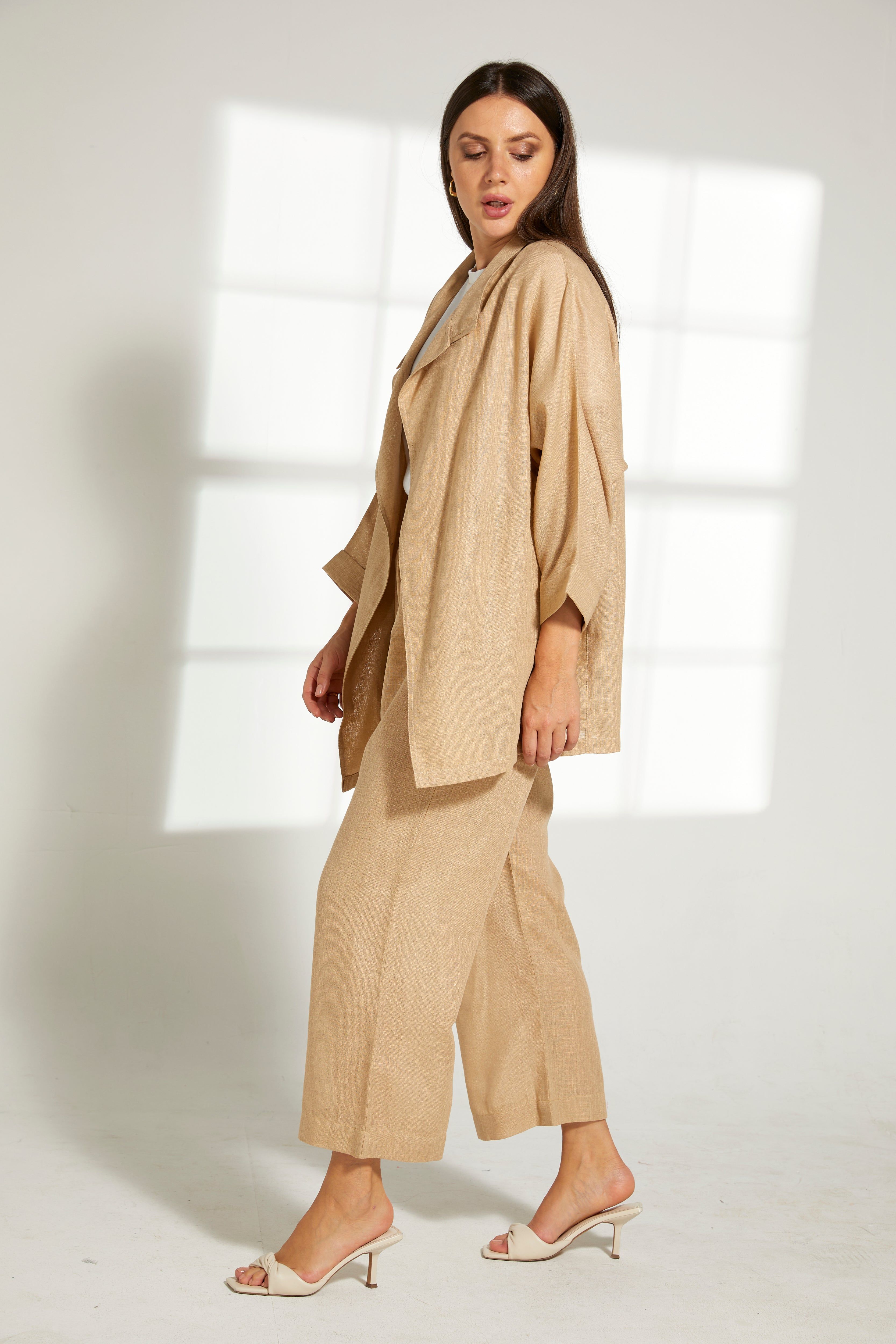 MOiSTREET Tan Linen Fabric Top and Pants Set