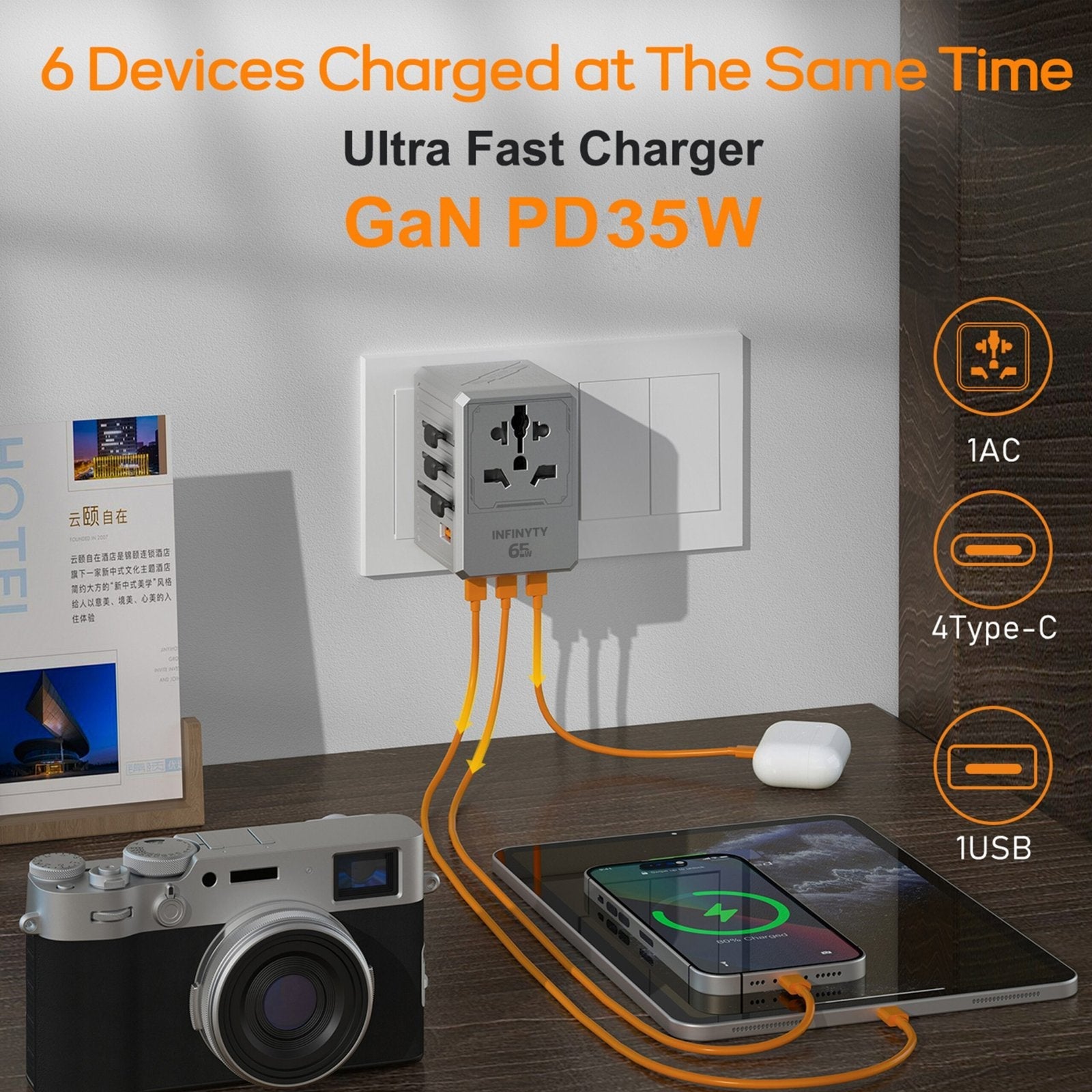 محول سفر عالمي Infinyty Y127-Max PD65W، 65W GaN Atlas65، فضي