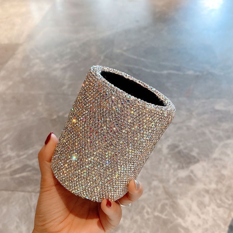Rhinestone Makeup Brush Holder Pencil Organizer Round Storage Box